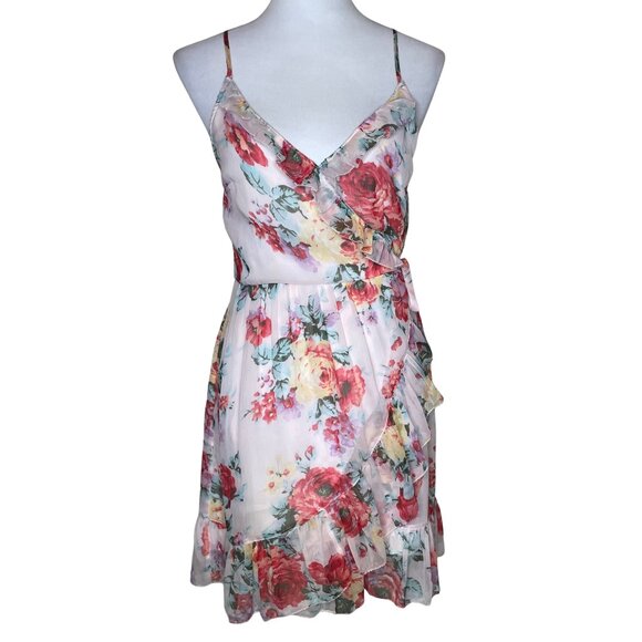 Abercrombie & Fitch Pink Red Floral Ruffle Wrap Mini Dress - Picture 2 of 14